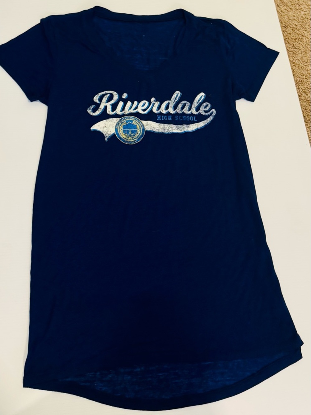Riverdale Graphic Tee Dress - Navy with White & Gold Logo Women’s Size M